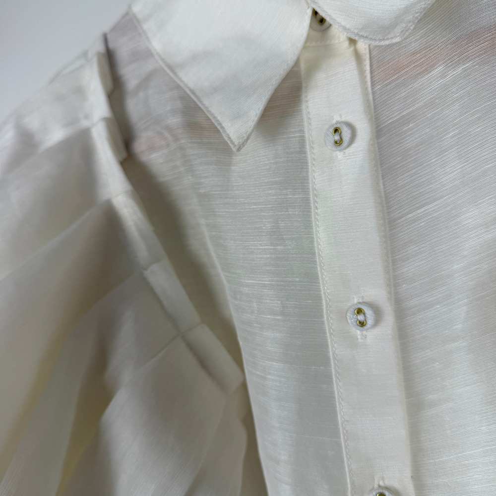 Aureta Linen Silk Puff Sleeve Blouse Women Medium Ivory Statement Button Down - Picture 8 of 10